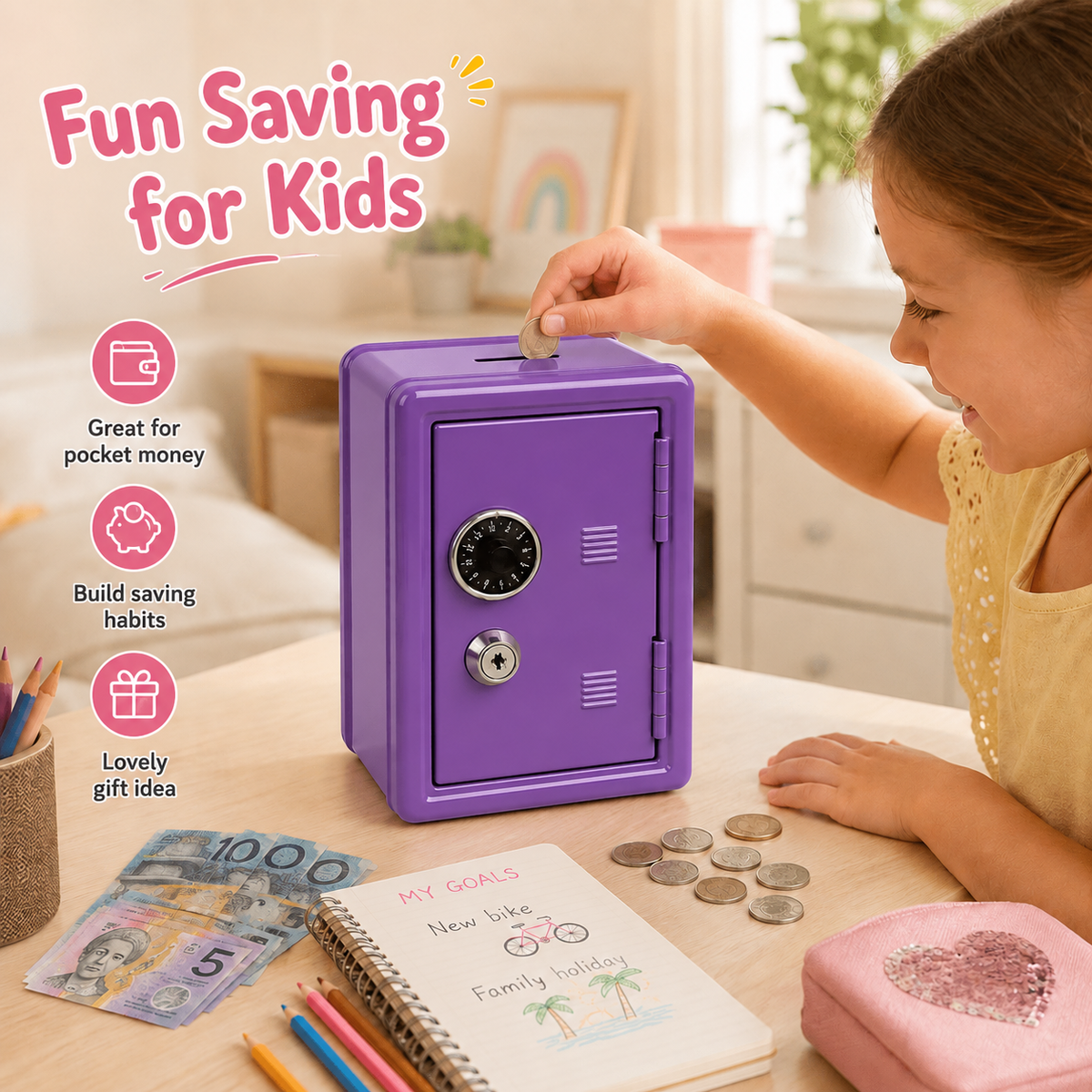 Lockable Metal Money Box, Cash & Coin Storage Box with Key Lock, Compact Piggy Bank for For Kids & Adults, Office & Small Valuables-Purple