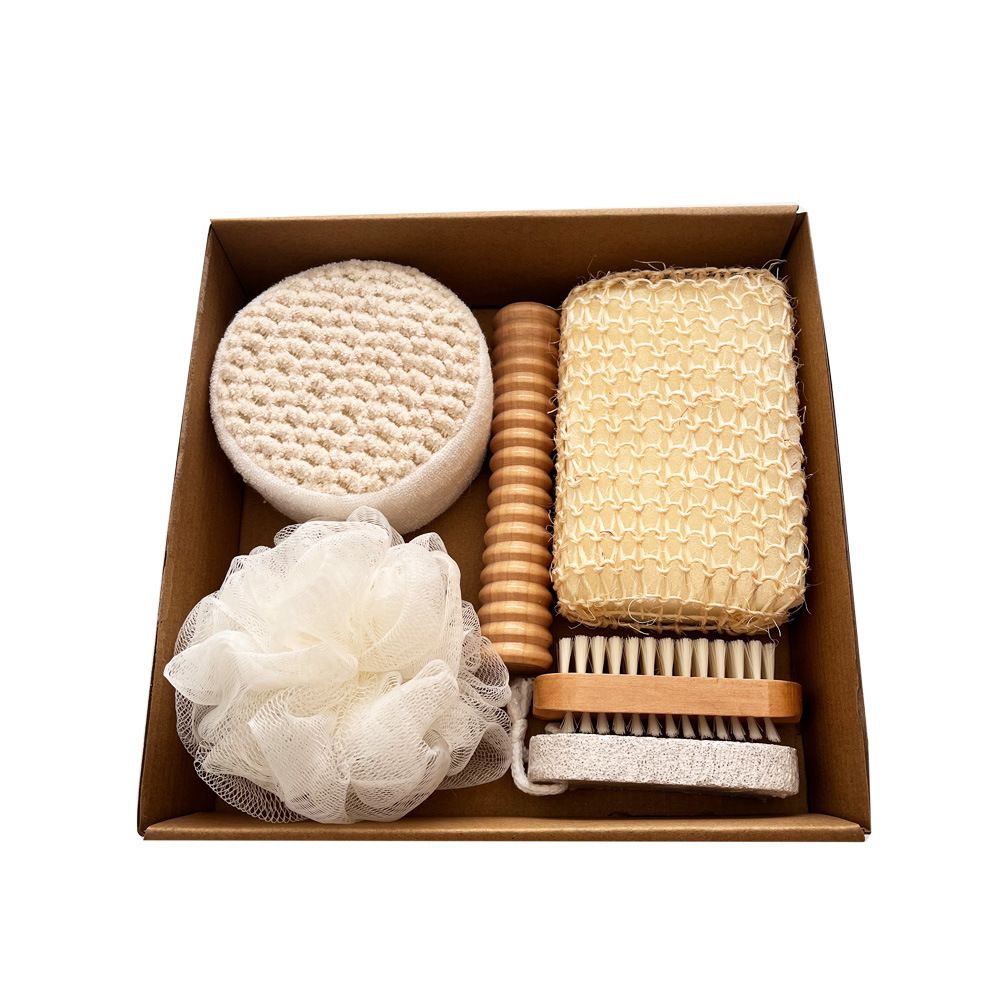 6‑Piece Natural Spa Bath Gift Set, Exfoliating Body Scrub Kit with Loofah, Bath Sponge, Foot File & Wooden Massage Roller for Home Self‑Care