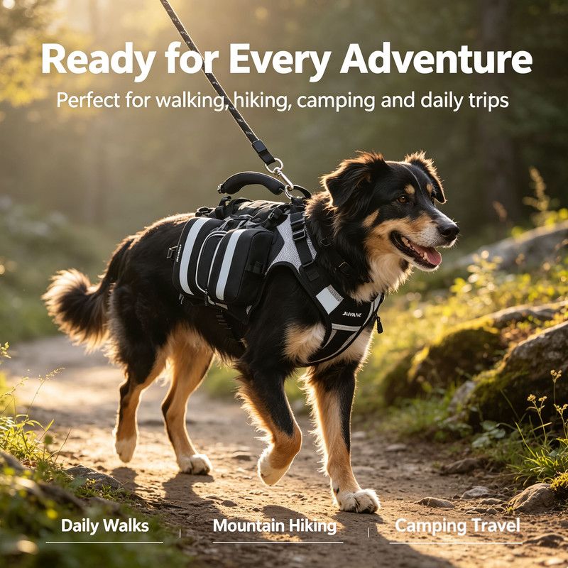 JUMAHE Dog Backpack Harness, Adjustable Dog Saddle Bag with Reflective Strips, Waterproof Oxford Pet Pack for Medium Large Dogs Walking Hiking Travel Camping(Night camo)