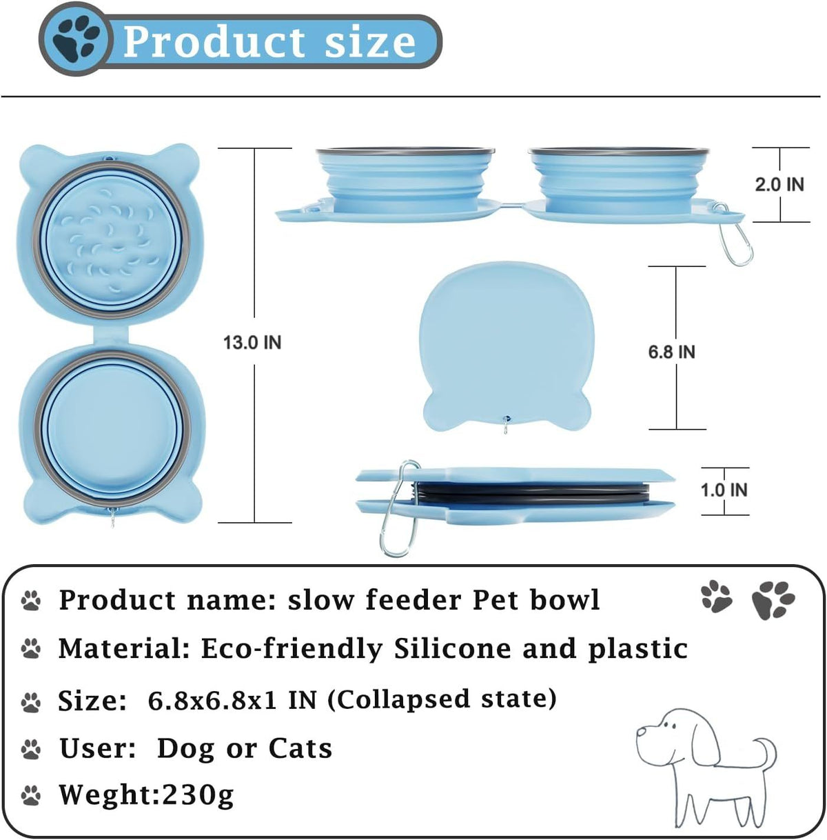 Collapsible Pet Bowl – Slow Feeder & Portable Water Bowl for Dogs and Cats (Purple) – Ideal for Travel, Walks, Pit Stops, and Camping(Blue)