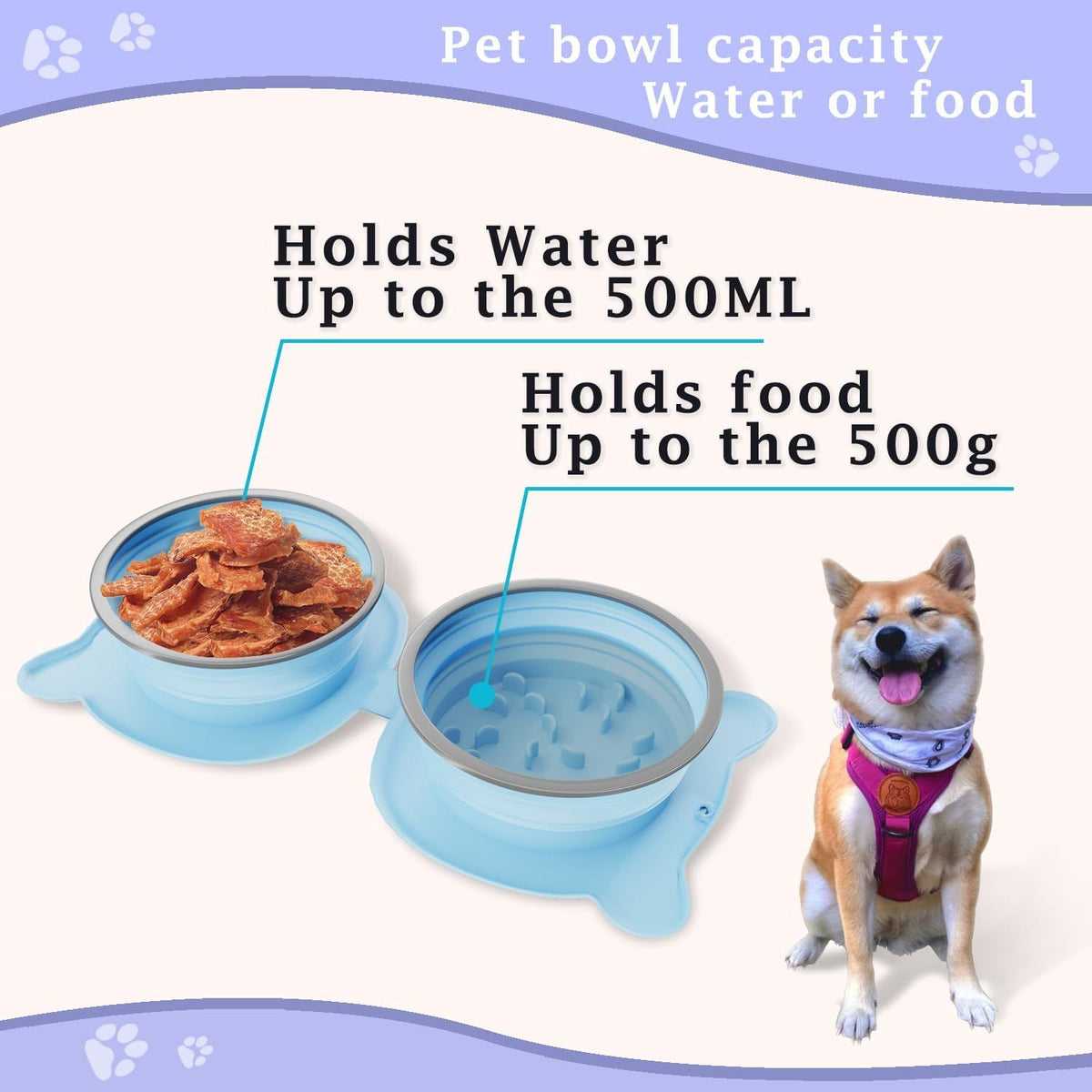 Collapsible Pet Bowl – Slow Feeder & Portable Water Bowl for Dogs and Cats (Purple) – Ideal for Travel, Walks, Pit Stops, and Camping(Blue)