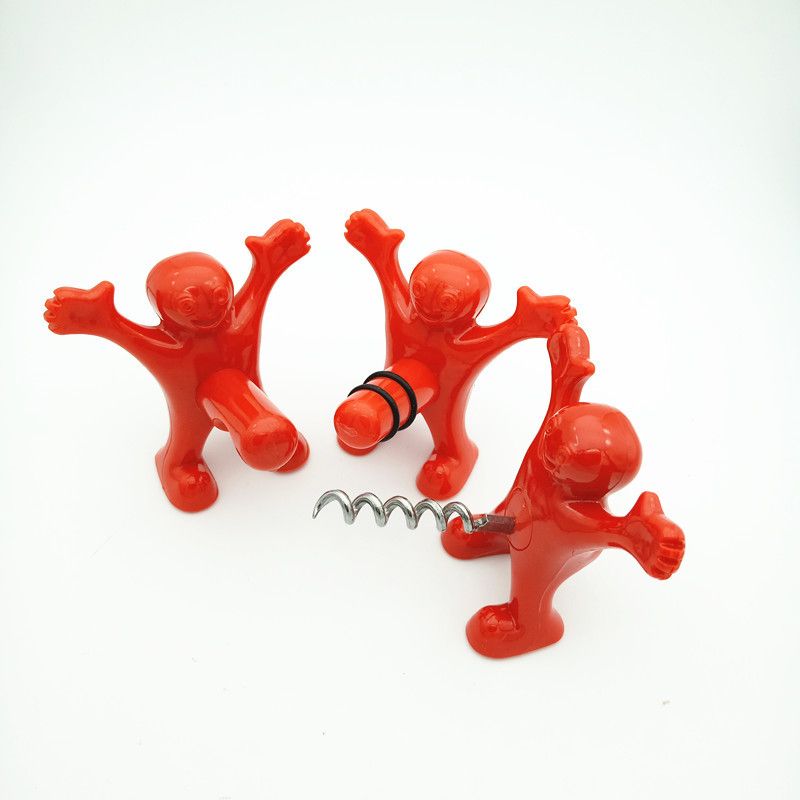 3 Pcs Funny Happy Red Man Wine Stopper Novelty Beer Corkscrew & Bottle Opener Novelty Bottle Stopper （3pcs）