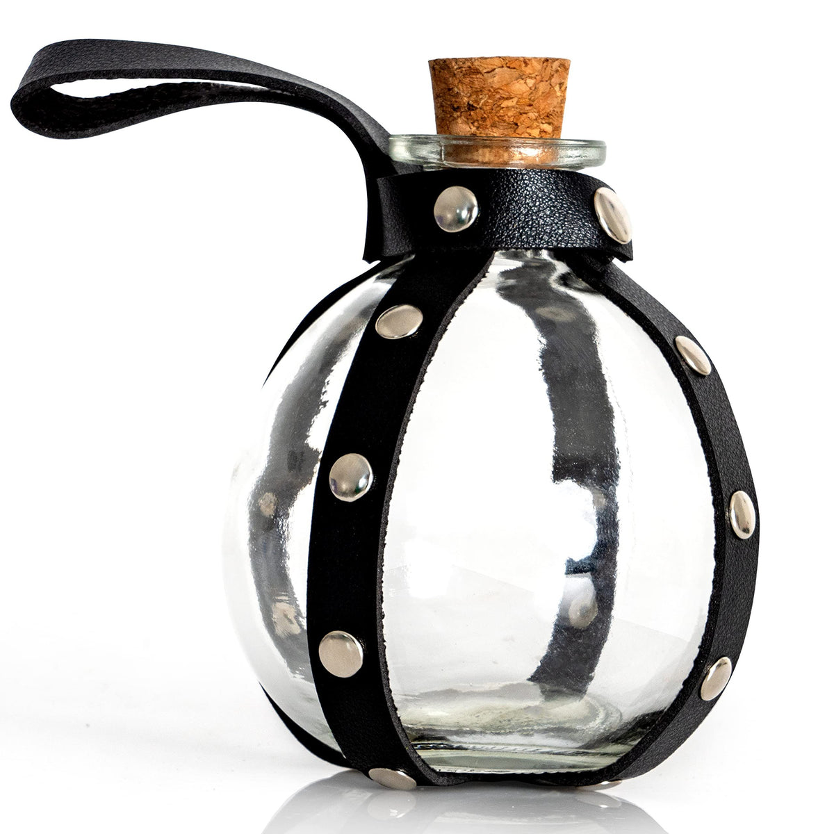 Dark Magic Potion Bottle - Black Wizard Potions Glass Holder with Cork Stopper and Faux Leather Harness with Loop