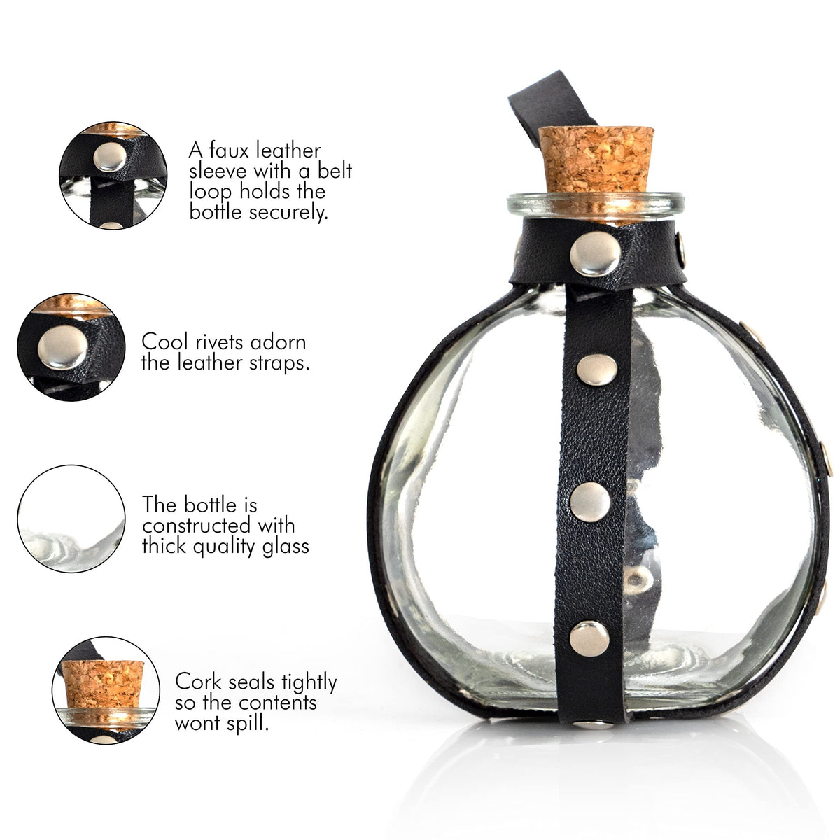 Dark Magic Potion Bottle - Black Wizard Potions Glass Holder with Cork Stopper and Faux Leather Harness with Loop