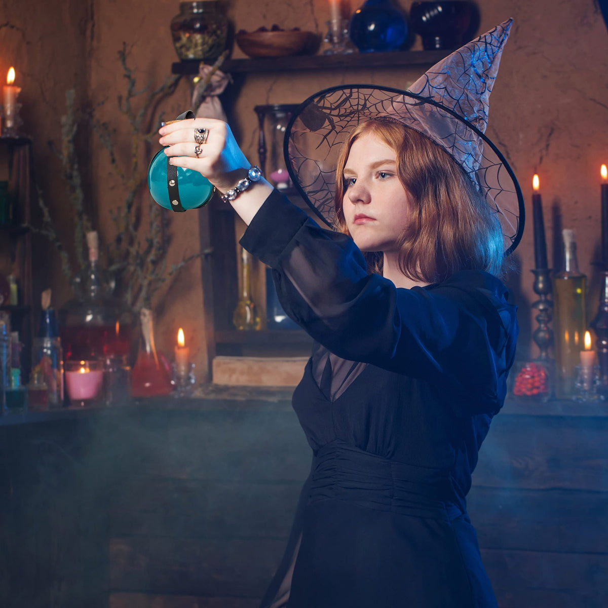 Dark Magic Potion Bottle - Black Wizard Potions Glass Holder with Cork Stopper and Faux Leather Harness with Loop