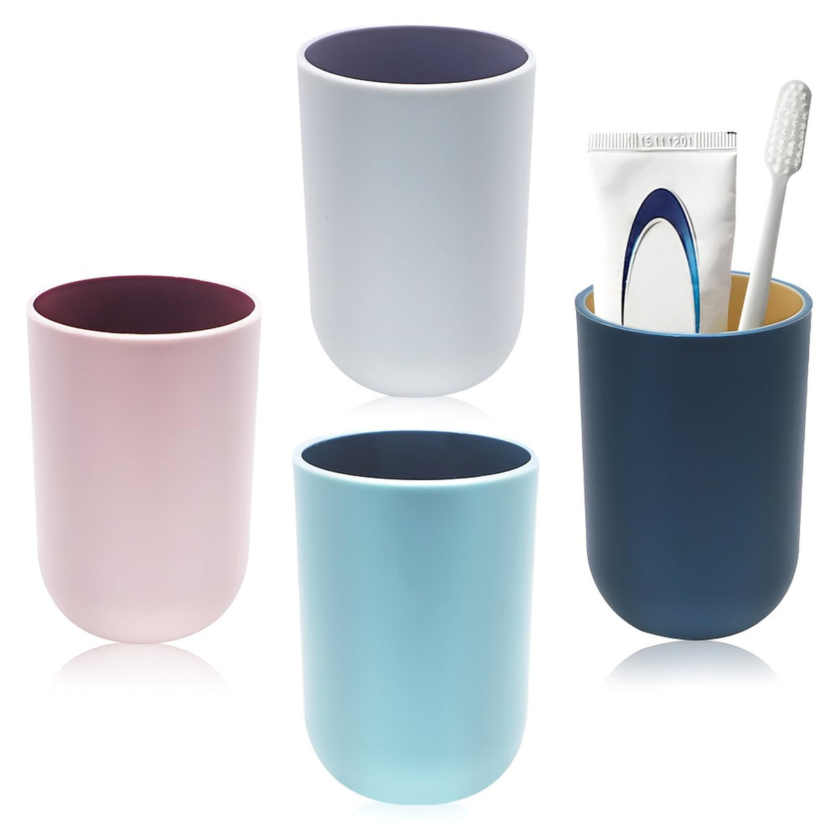 4PCS Bathroom Tumbler Toothbrush Cup Unbreakable Reusable Drinking Cup Toothbrush (Light Gray, Dark Blue, Light Pink, Light Blue)