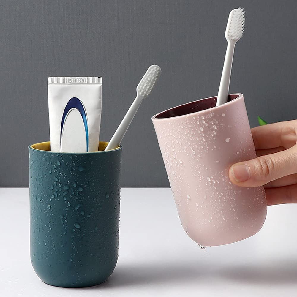 4PCS Bathroom Tumbler Toothbrush Cup Unbreakable Reusable Drinking Cup Toothbrush (Light Gray, Dark Blue, Light Pink, Light Blue)