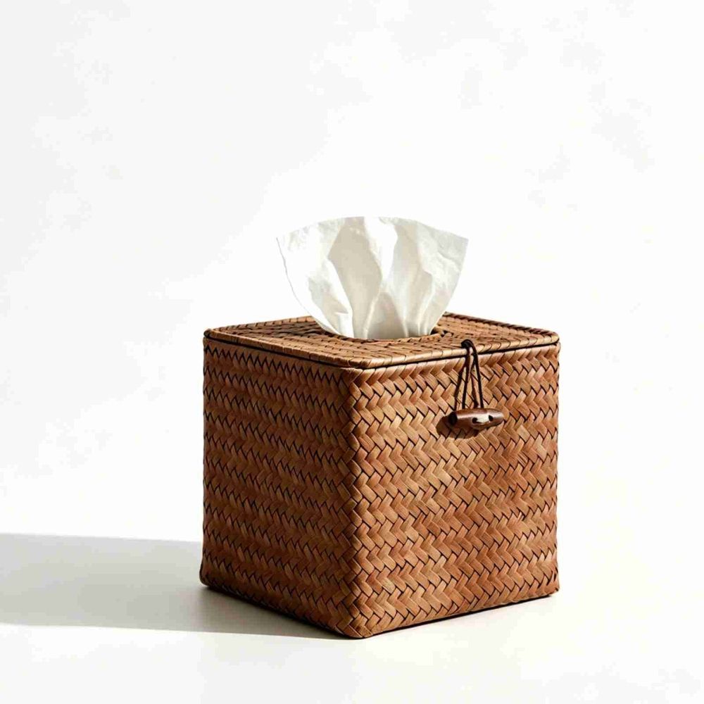 Natural Woven Straw Tissue Box Holder with Lid, Cube Rattan Napkin Box Cover for Vanity Countertop Home Rustic Decor, Khaki