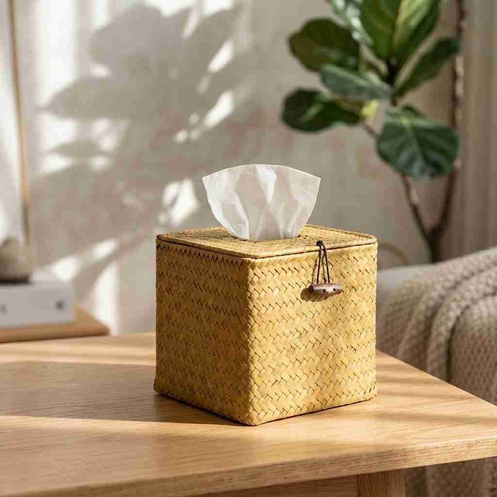 Natural Woven Straw Tissue Box Holder with Lid, Cube Rattan Napkin Box Cover for Vanity Countertop Home Rustic Decor, Khaki
