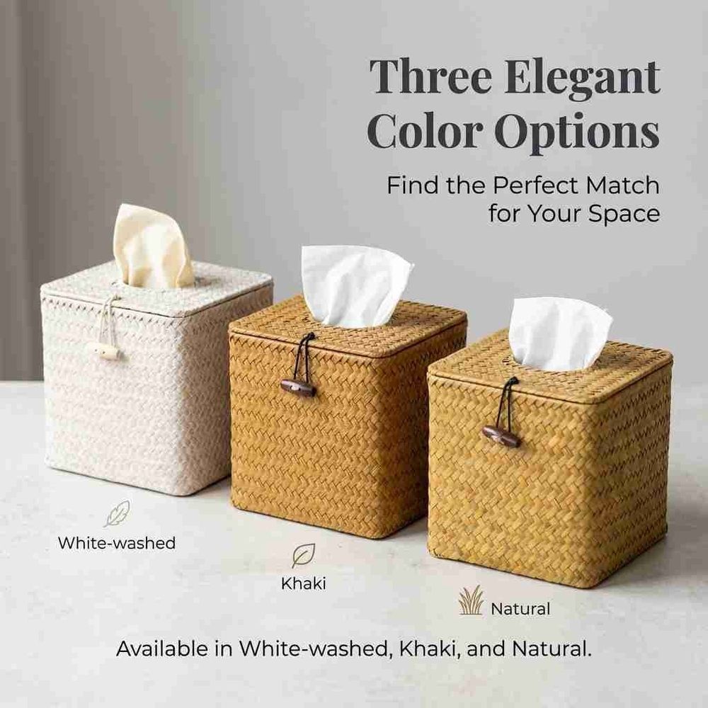 Natural Woven Straw Tissue Box Holder with Lid, Cube Rattan Napkin Box Cover for Vanity Countertop Home Rustic Decor, Khaki