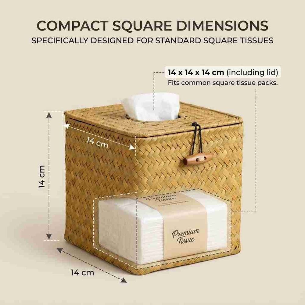 Natural Woven Straw Tissue Box Holder with Lid, Cube Rattan Napkin Box Cover for Vanity Countertop Home Rustic Decor, Khaki