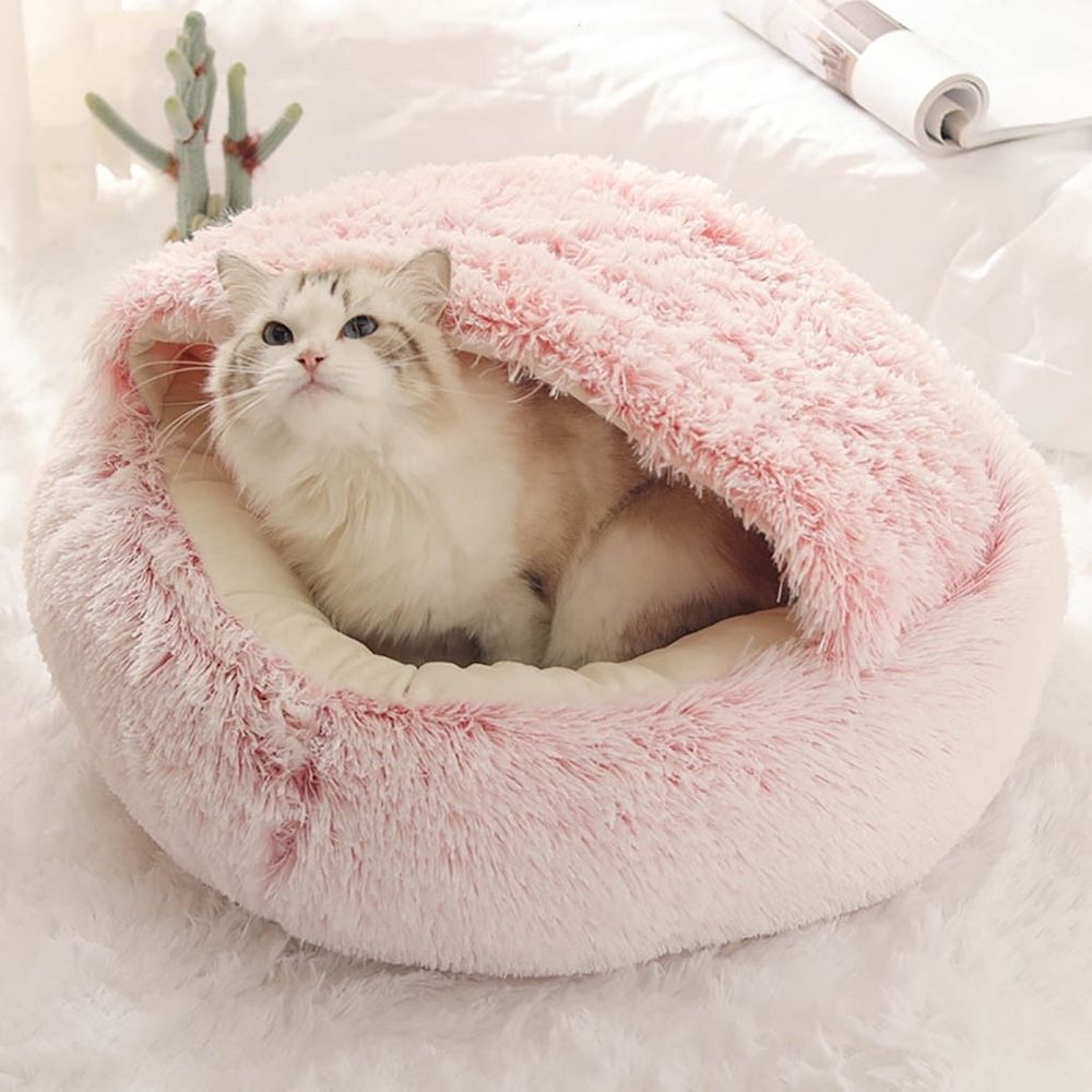 Cat Beds for Indoor Cats Dog Round Winter Warm Sleeping Bag Long Plush Soft Pet Bed Calming Bed