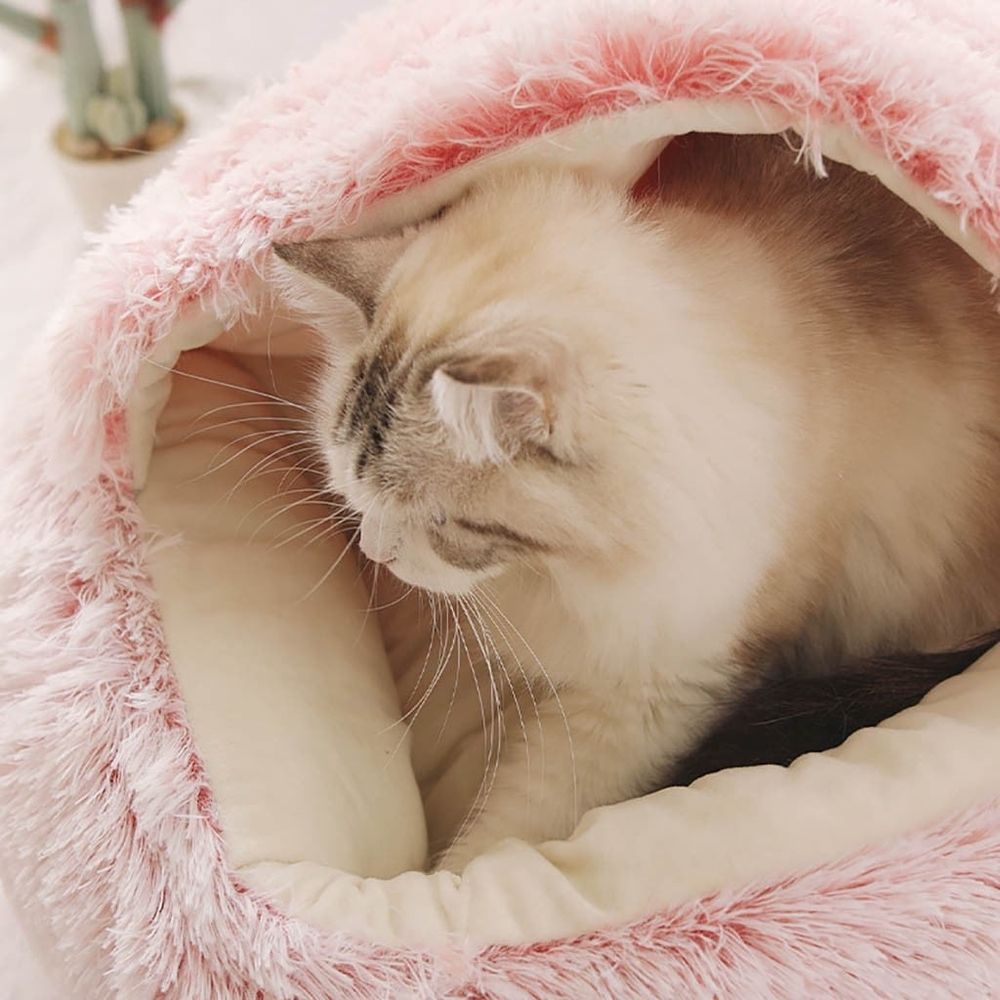 Cat Beds for Indoor Cats Dog Round Winter Warm Sleeping Bag Long Plush Soft Pet Bed Calming Bed