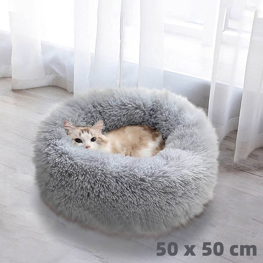Product image: Round Velvet Plush Cat Bed, Washable, 40 cm (15.7 in), for Cats and Small Dogs (Gray)