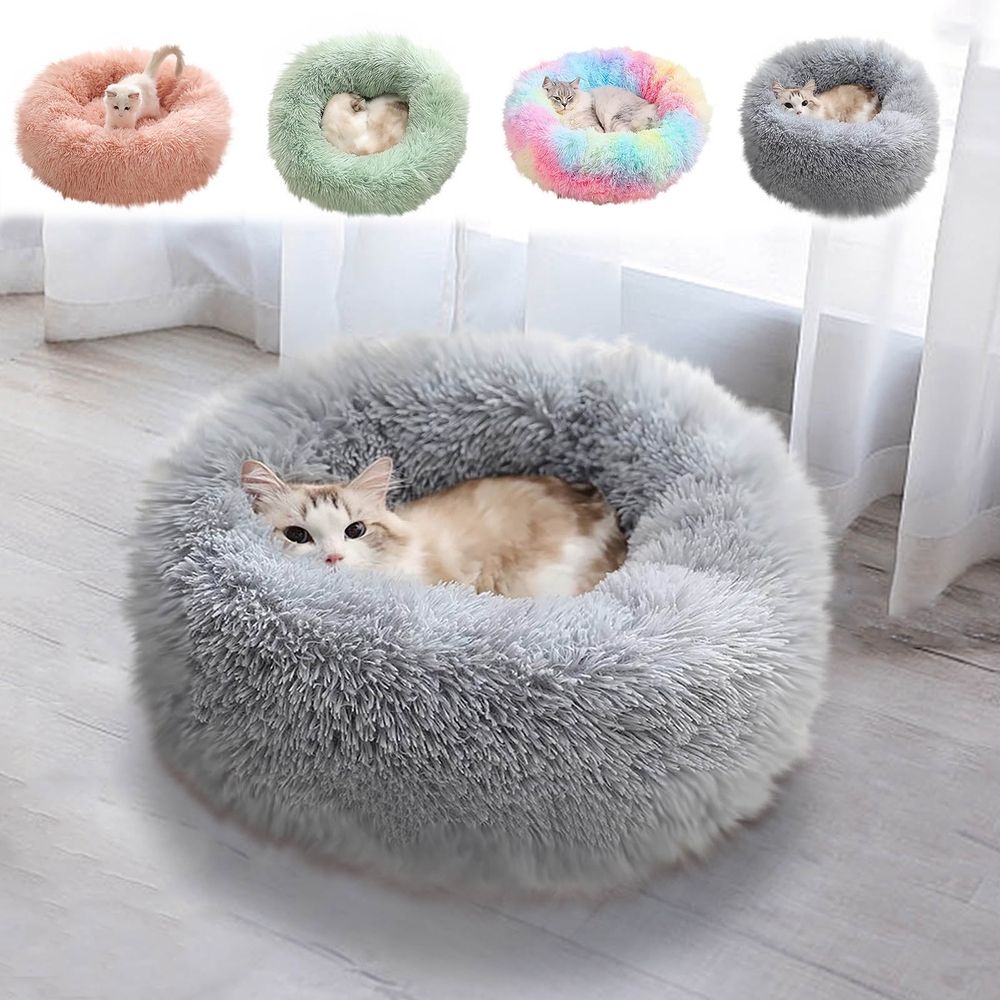 Cats Beds for Indoor Cats - Cats Bed Washable 15.7 inches, Dog Beds for Small Dogs, Anti Anxiety Round Long Velvet Furry Cats Bed, Thick Bottom, Winter Supplies(Gray)