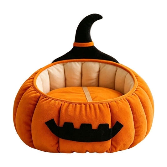 Pumpkin-Shaped Plush Cat Cave Bed shown in the product image