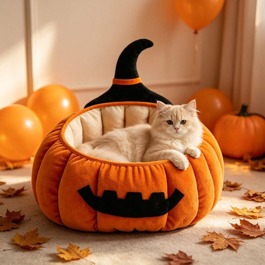Additional product view: Pumpkin-Shaped Plush Cat Cave Bed