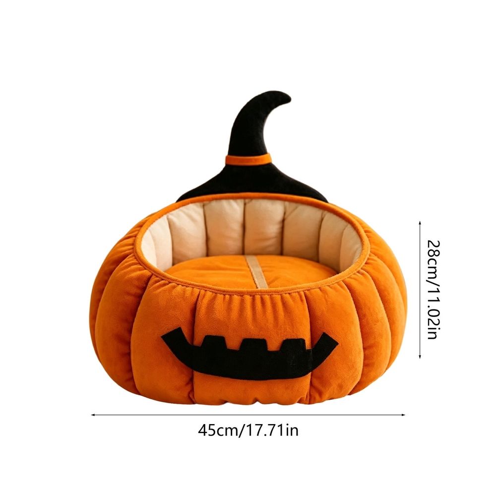 Additional product view: Pumpkin-Shaped Plush Cat Cave Bed