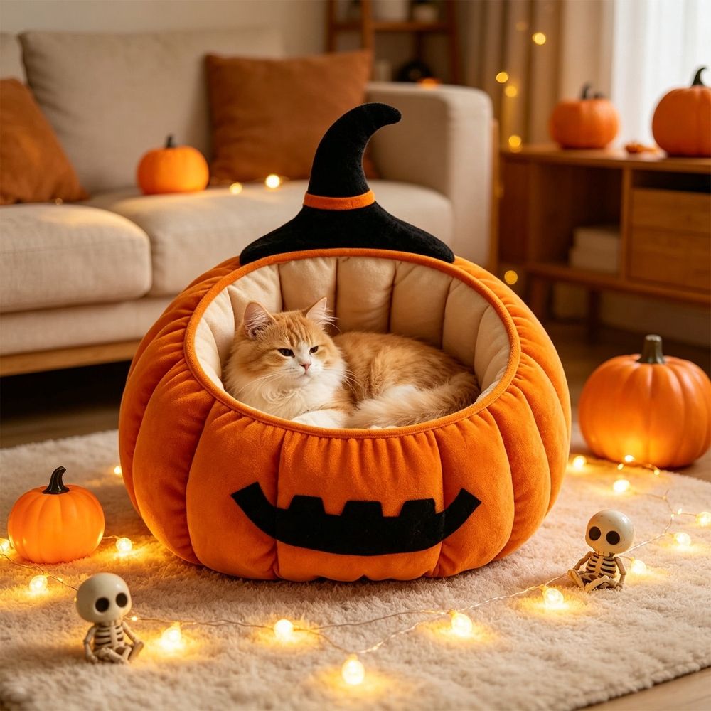 Additional product view: Pumpkin-Shaped Plush Cat Cave Bed