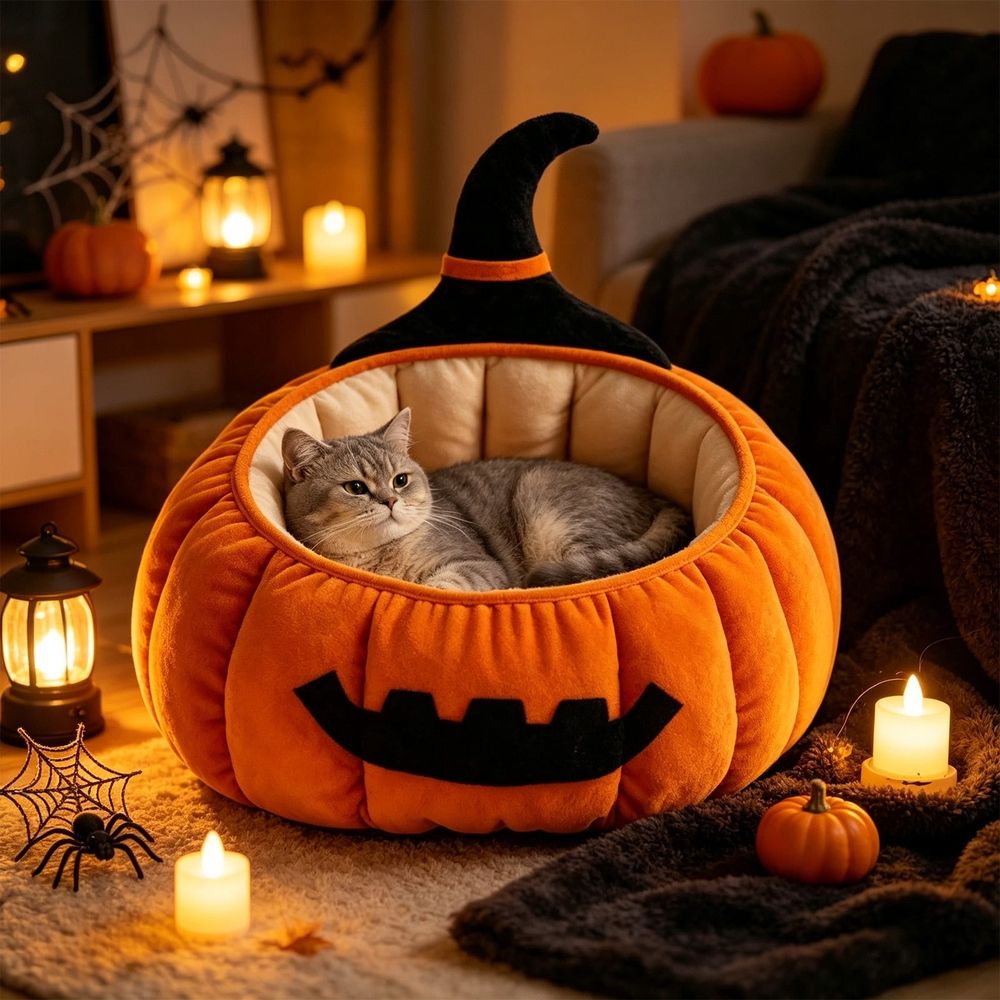 Additional product view: Pumpkin-Shaped Plush Cat Cave Bed