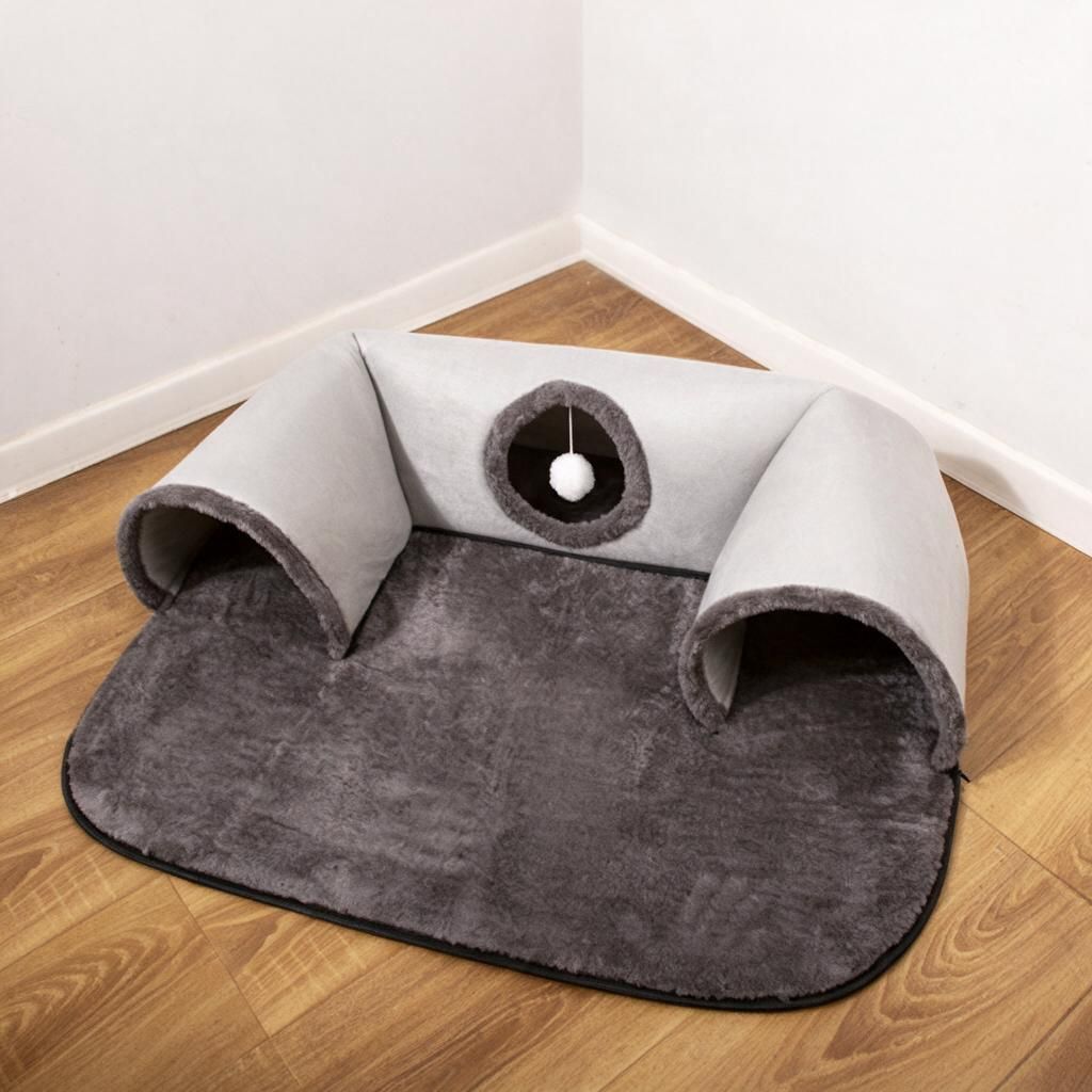 Gray U-Shaped Plush Cat Tunnel Bed, Small shown in the product image