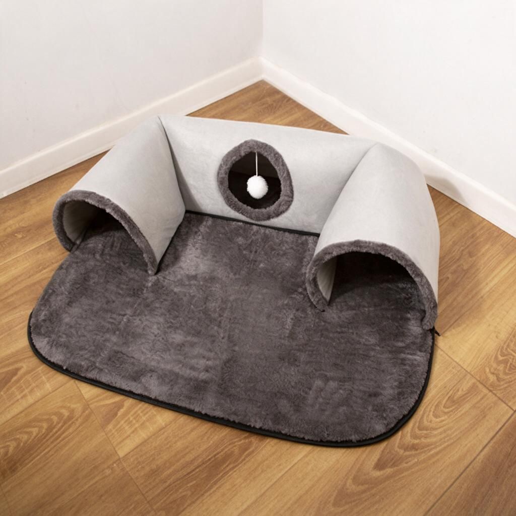 Gray Plush Cat Play Tunnel Cave with Hanging Ball, Medium shown in the product image