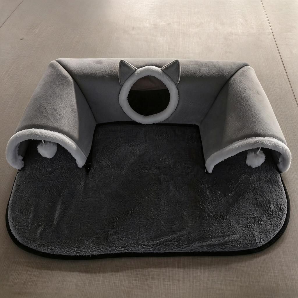 Gray Fleece Arch Cat Tunnel Bed with Pom Ball, Medium shown in the product image