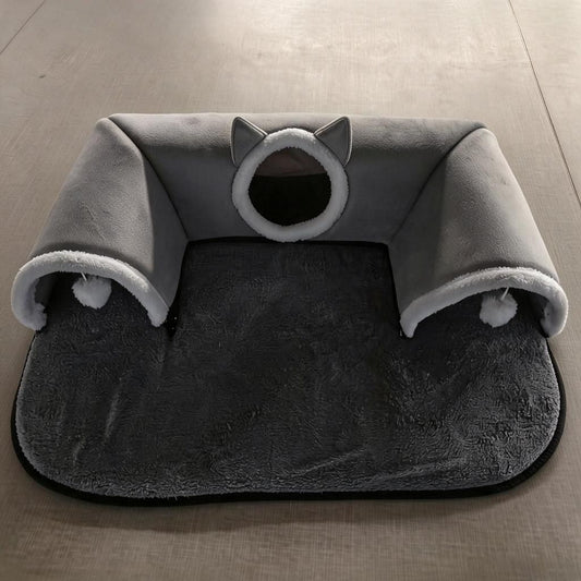 Gray Fleece Arch Cat Tunnel Bed with Pom Ball, Medium shown in the product image