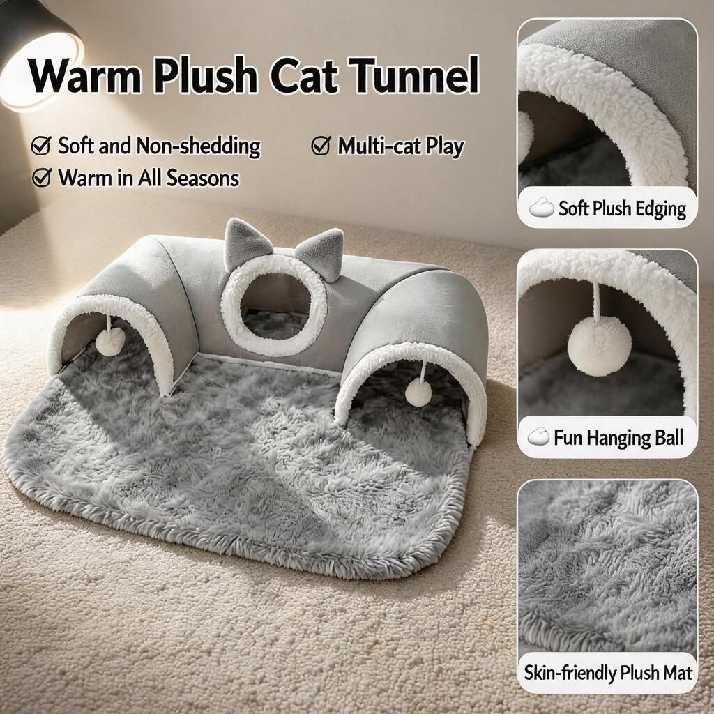 Additional product view: Gray Fleece Arch Cat Tunnel Bed with Pom Ball, Medium