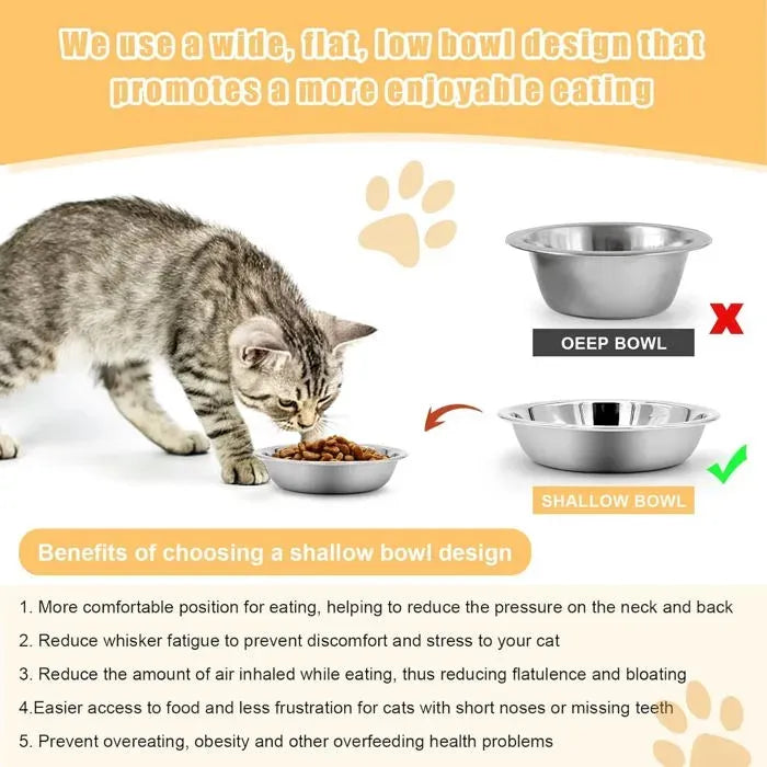 5 Pack Shallow Stainless Steel Cat Food Bowls, 14 cm
