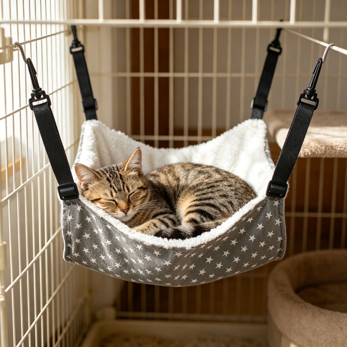 Cat Cage Hammock, Warm Fleece Hanging Cat Bed, Adjustable Pet Swing Bed for Cage (Grey Star)