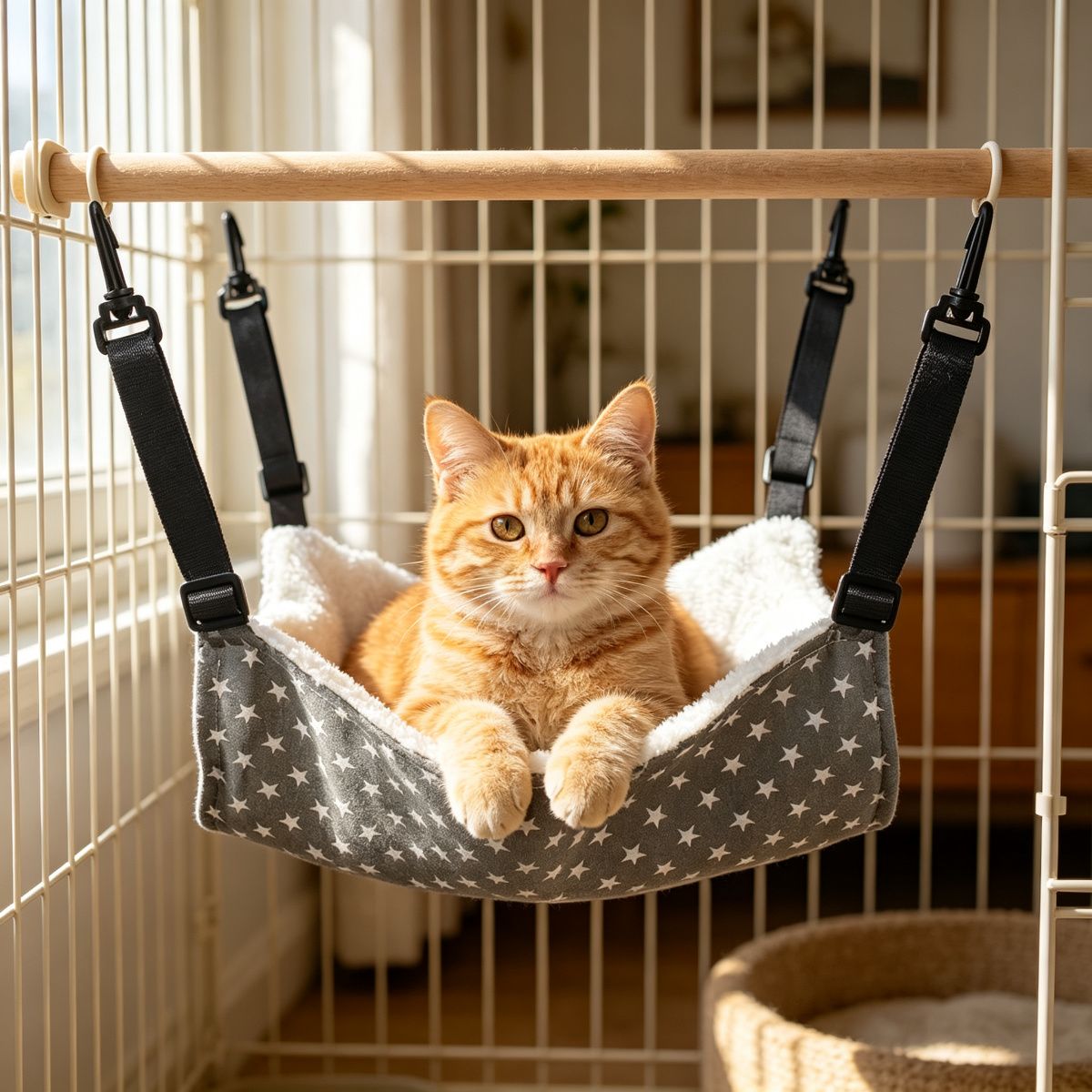 Cat Cage Hammock, Warm Fleece Hanging Cat Bed, Adjustable Pet Swing Bed for Cage (Grey Star)