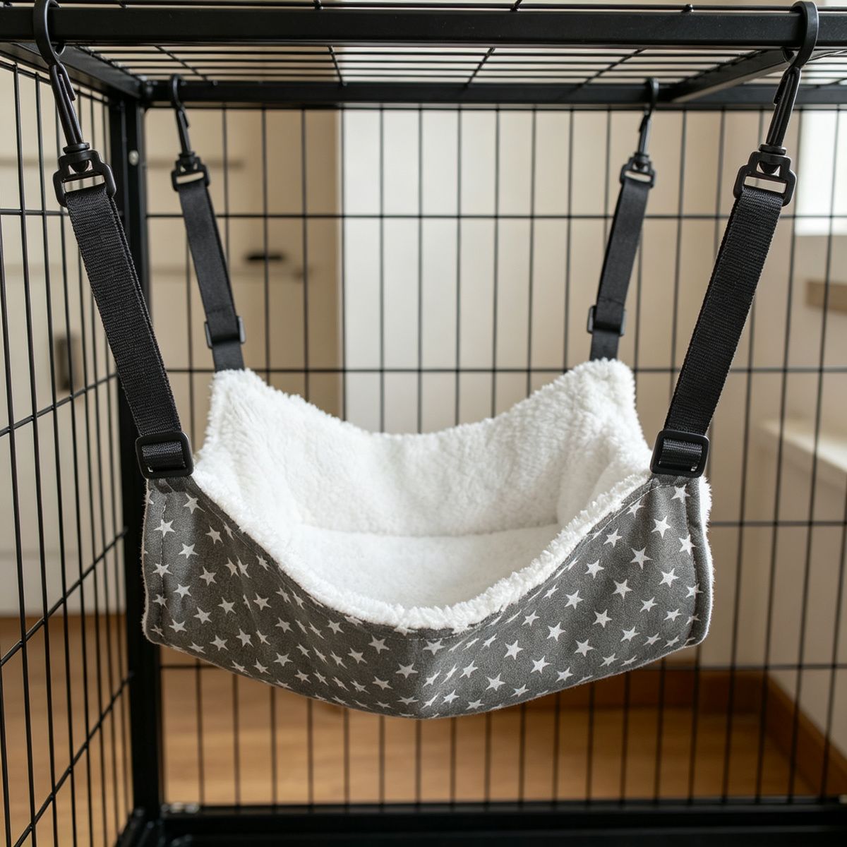 Cat Cage Hammock, Warm Fleece Hanging Cat Bed, Adjustable Pet Swing Bed for Cage (Grey Star)