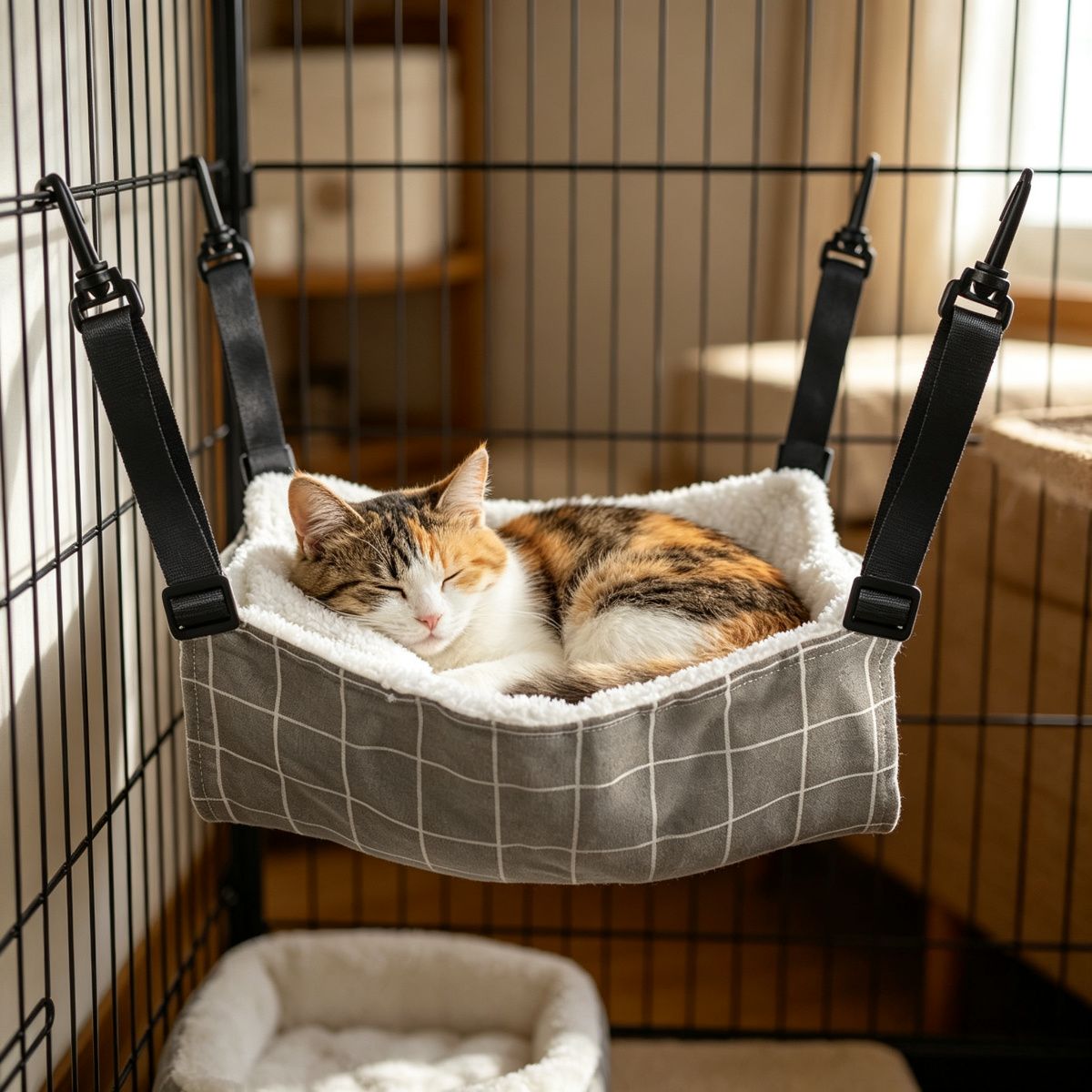 Cat Cage Hammock, Warm Fleece Hanging Cat Bed, Adjustable Pet Swing Bed for Cage (Grey Grid)