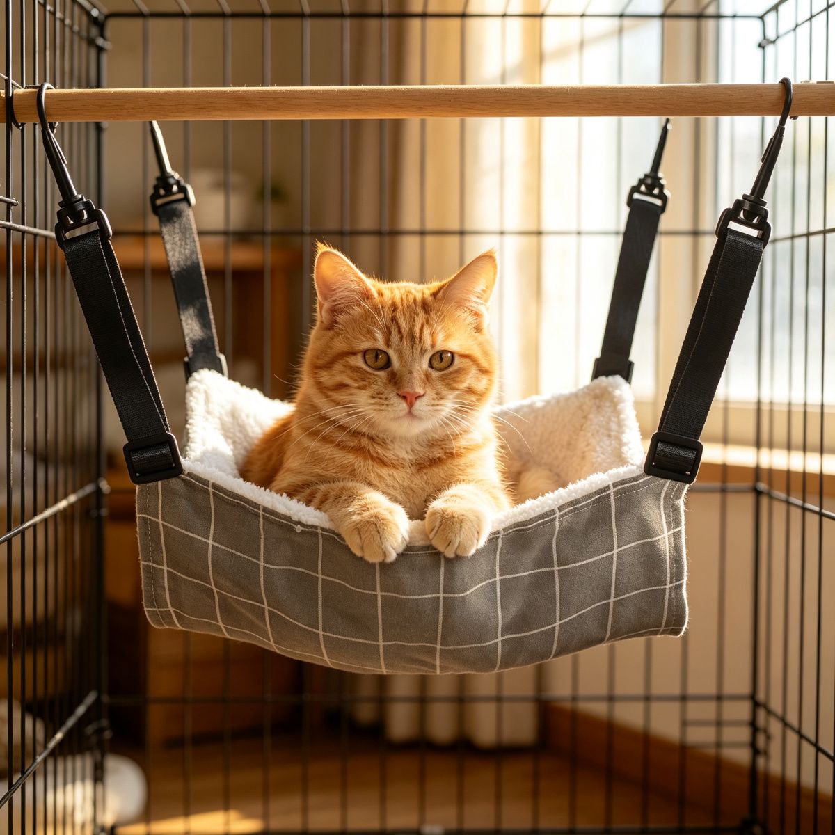 Cat Cage Hammock, Warm Fleece Hanging Cat Bed, Adjustable Pet Swing Bed for Cage (Grey Grid)
