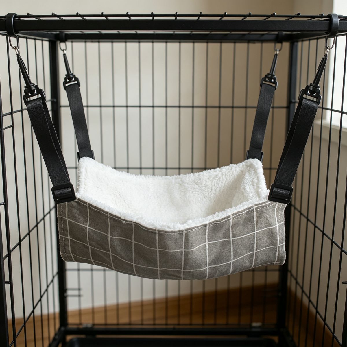 Cat Cage Hammock, Warm Fleece Hanging Cat Bed, Adjustable Pet Swing Bed for Cage (Grey Grid)