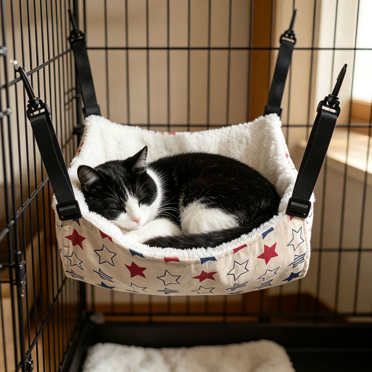 Cat Cage Hammock, Warm Fleece Hanging Cat Bed, Adjustable Pet Swing Bed for Cage (Beige Star)