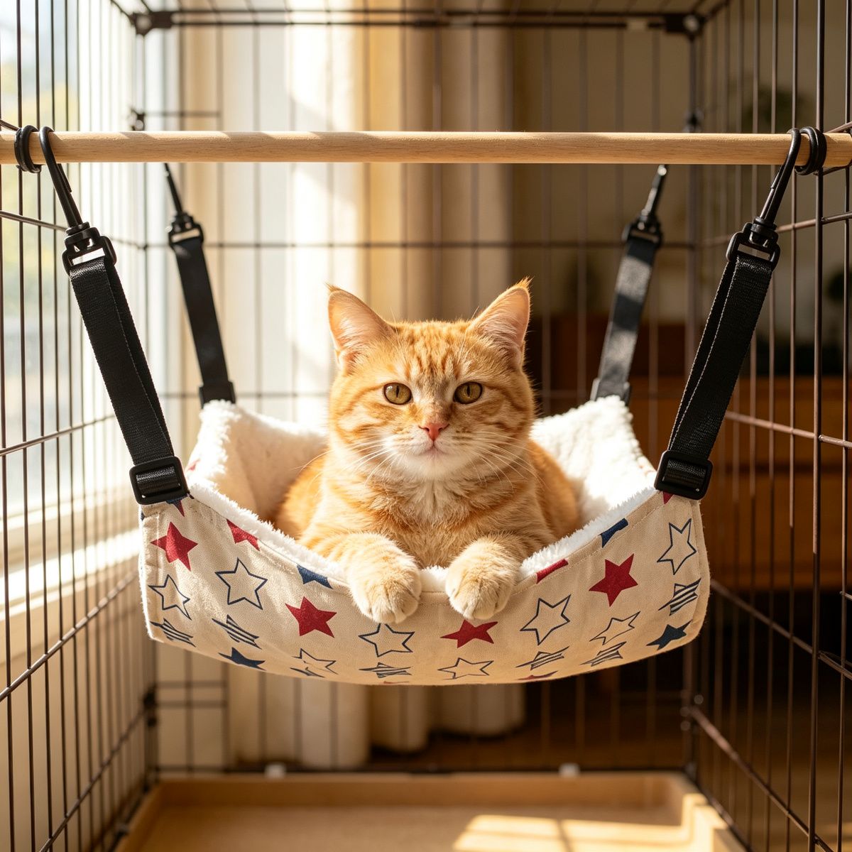 Cat Cage Hammock, Warm Fleece Hanging Cat Bed, Adjustable Pet Swing Bed for Cage (Beige Star)