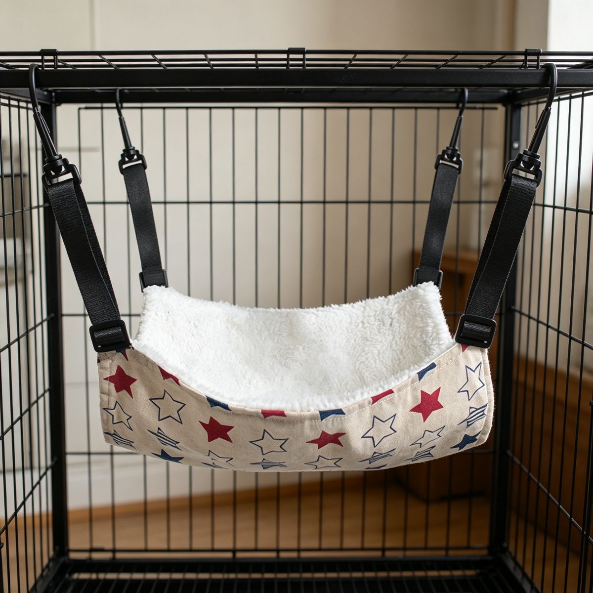 Cat Cage Hammock, Warm Fleece Hanging Cat Bed, Adjustable Pet Swing Bed for Cage (Beige Star)