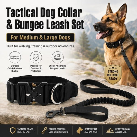 Product image: Black Tactical Dog Collar & Bungee Leash Set, XL Size, Padded Quick Release Collar with Control Handle & Shock