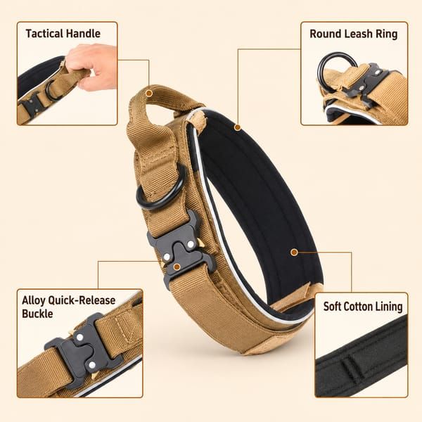 Black Tactical Dog Collar & Bungee Leash Set, XL Size, Padded Quick Release Collar with Control Handle & Shock Absorbing Leash for Medium & Large Dogs