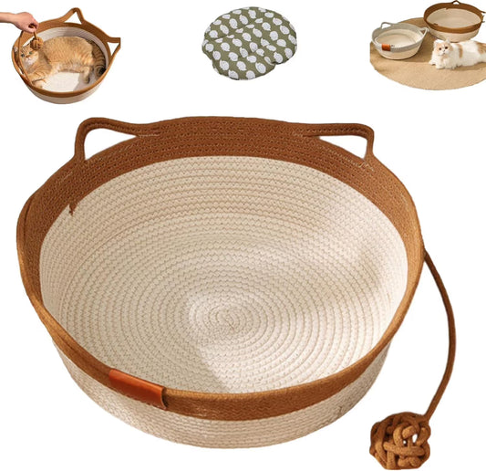 Product image: Cotton Rope Woven Cat Bed Basket with Hanging Toy Ball Foldable Round Pet Nest Brown M