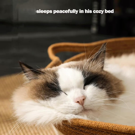 Additional product view: Cotton Rope Woven Cat Bed Basket with Hanging Toy Ball Foldable Round Pet Nest Brown M