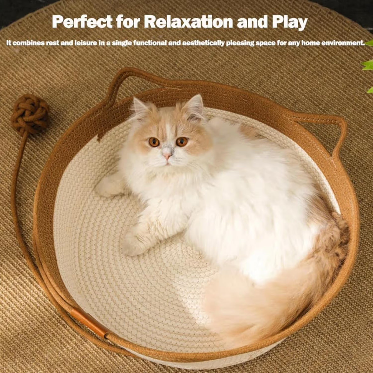 Cotton Rope Woven Cat Bed Basket with Hanging Toy Ball Foldable Round Pet Nest Brown M