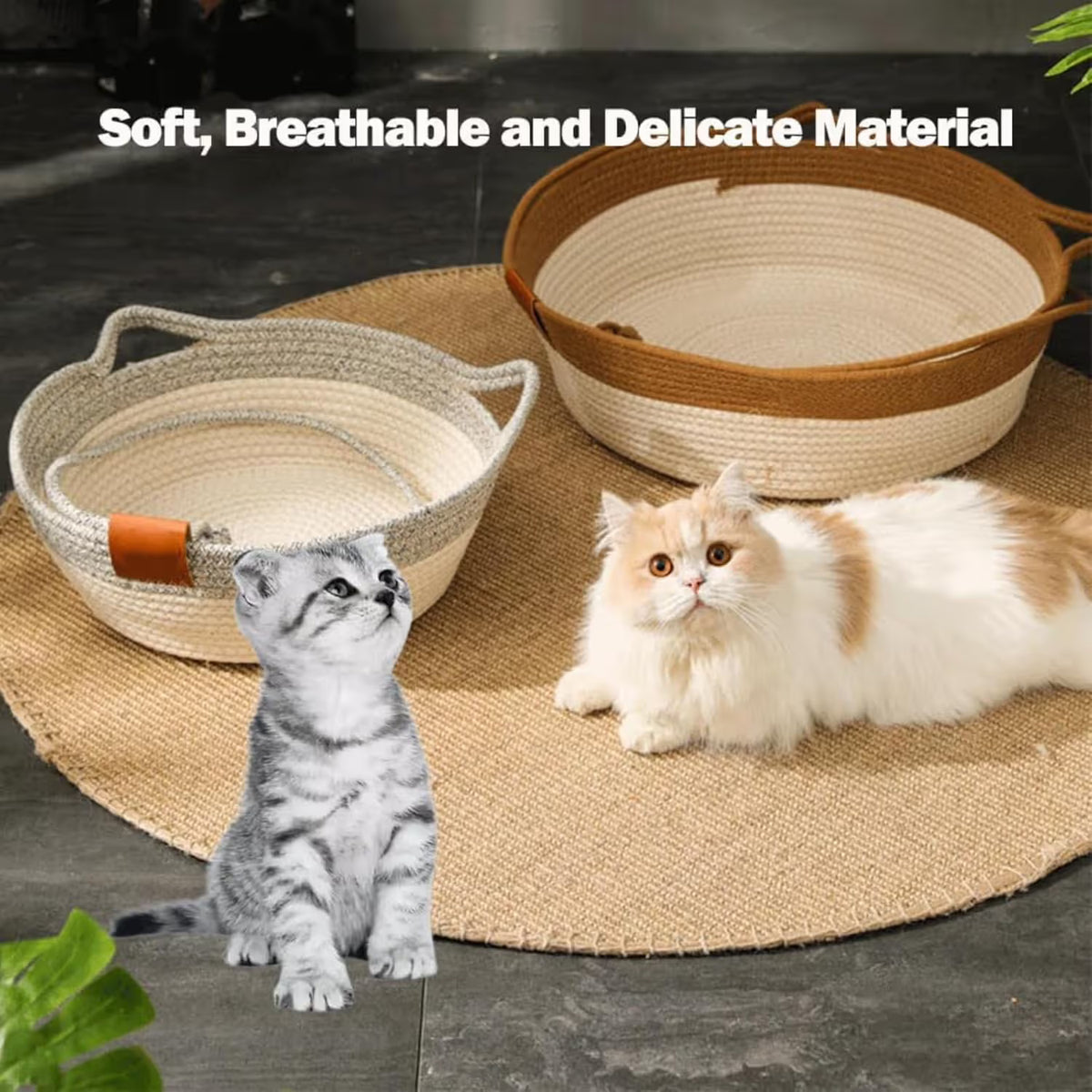 Cotton Rope Woven Cat Bed Basket with Hanging Toy Ball Foldable Round Pet Nest Brown M