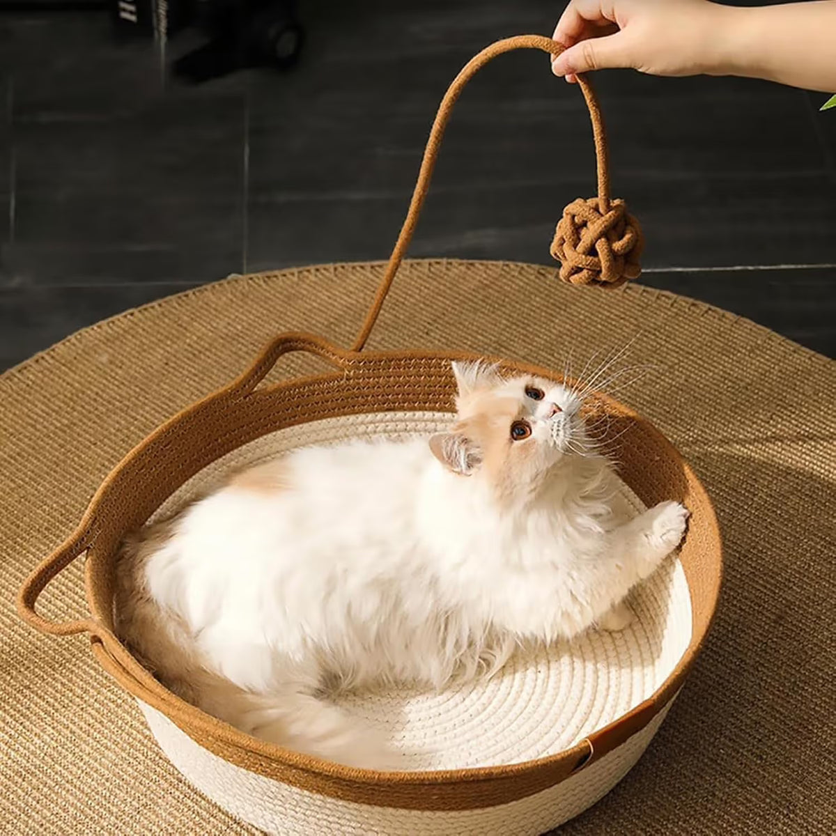 Cotton Rope Woven Cat Bed Basket with Hanging Toy Ball Foldable Round Pet Nest Brown M