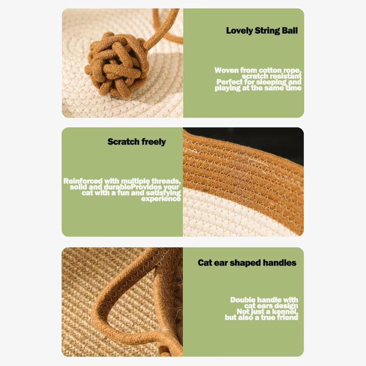 Cotton Rope Woven Cat Bed Basket with Hanging Toy Ball Foldable Round Pet Nest Brown M