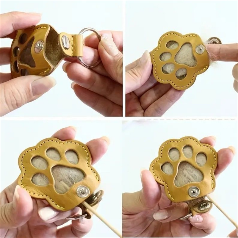 Round Paw Print Pet Hair Memorial Keychain, Leather Keepsake Charm for Dog & Cat Fur Storage - Gray
