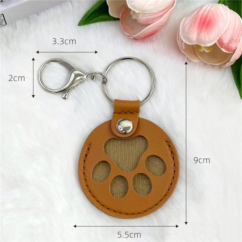Round Paw Print Pet Hair Memorial Keychain, Leather Keepsake Charm for Dog & Cat Fur Storage - Gray
