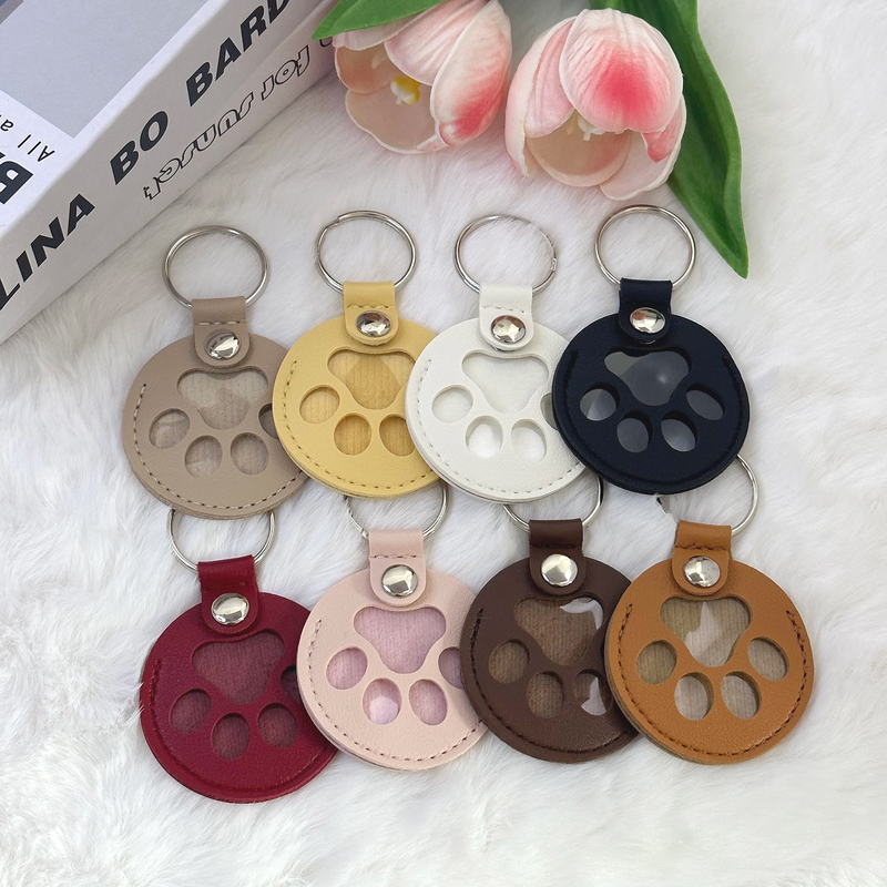 Round Paw Print Pet Hair Memorial Keychain, Leather Keepsake Charm for Dog & Cat Fur Storage - Gray